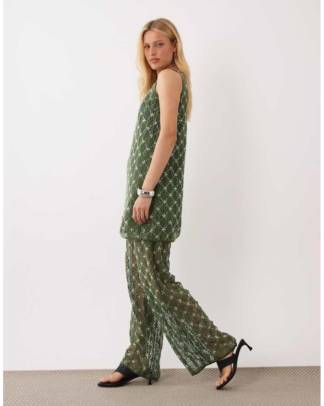 Pantalón Recto De Talle Alto De Algodón Con Adornos, Parte De Un Conjunto, En Ghospell de color Green