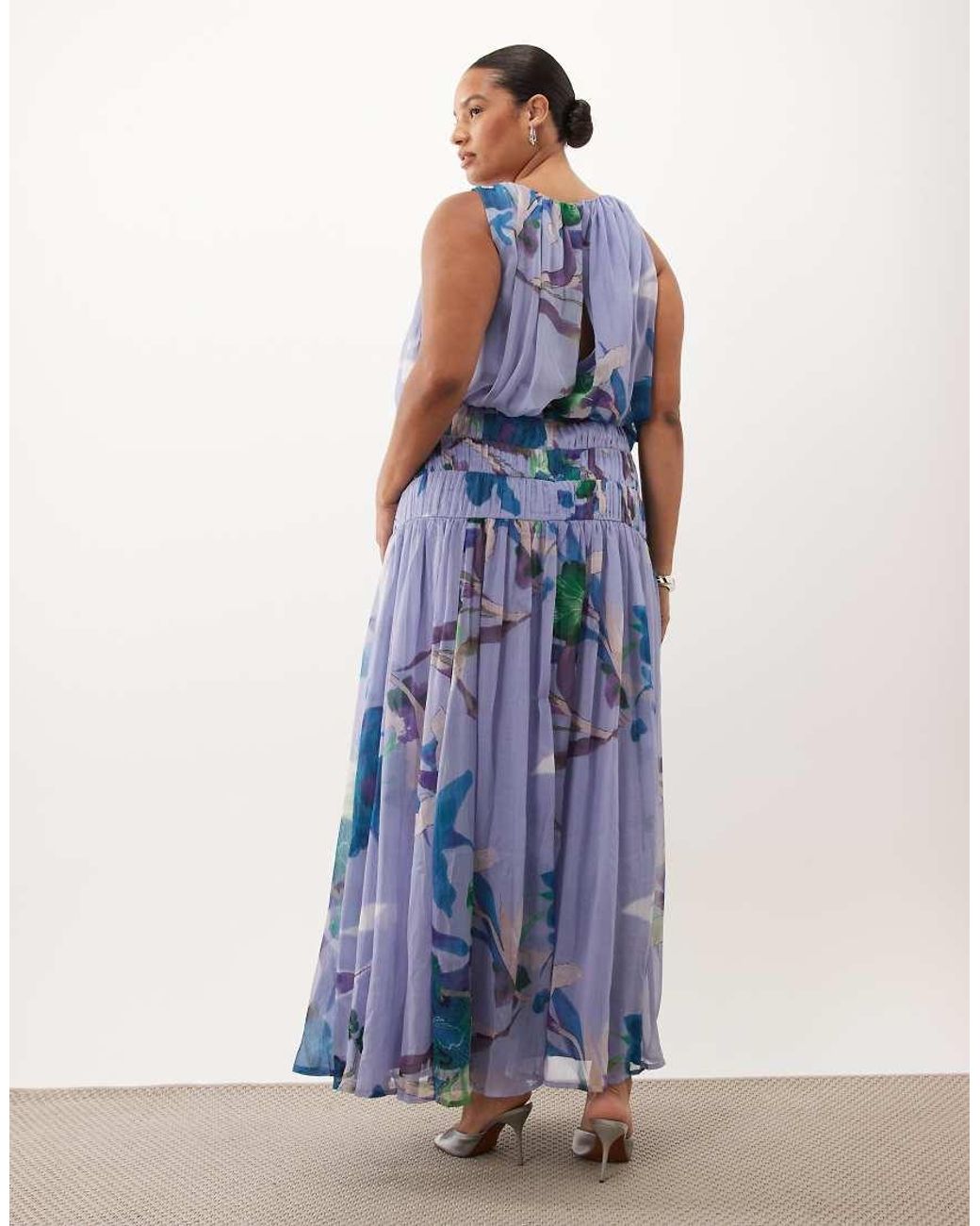 ASOS Blue Asos Design Curve Draped Gauged Ruched Waist Detail Maxi Dress