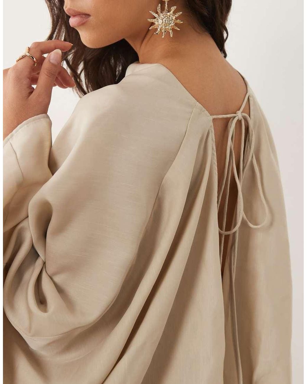 ASOS Natural Cape Sleeve Open Back Mini Dress With Tassels