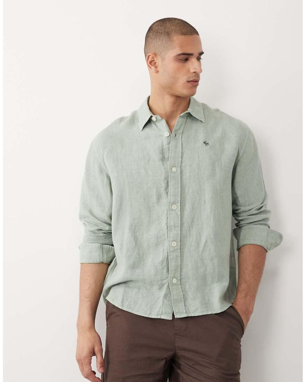 Abercrombie & Fitch Gray 100% Linen Icon Logo Long Sleeve Shirt for men