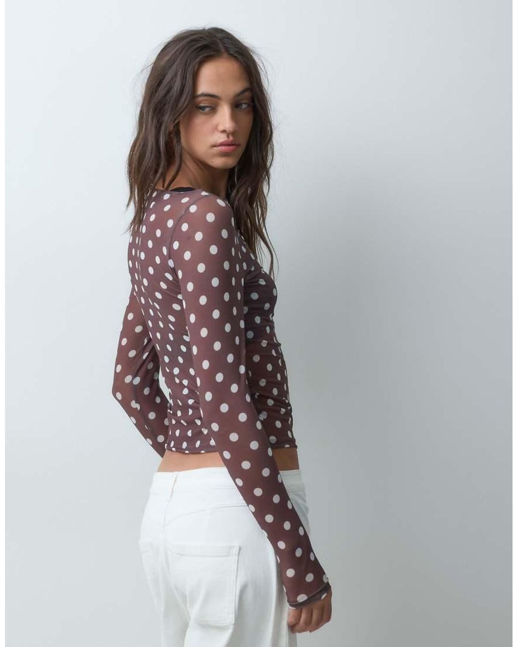 New Look Brown Long Sleeve Slash Neck Mesh Top