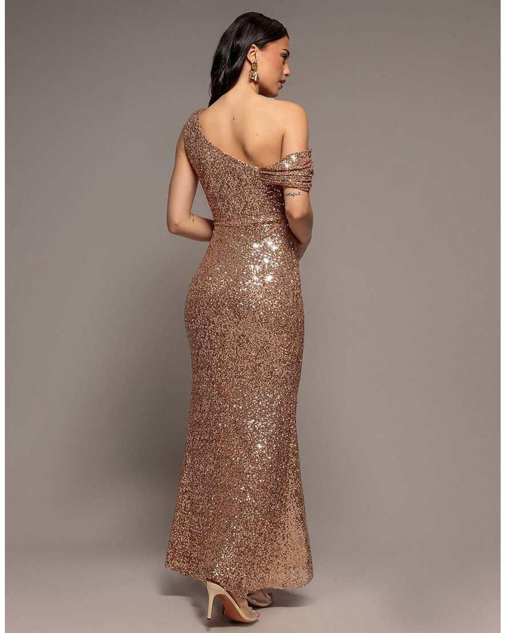 Goddiva Brown Sequin Cowl One Shoulder Maxi Dress