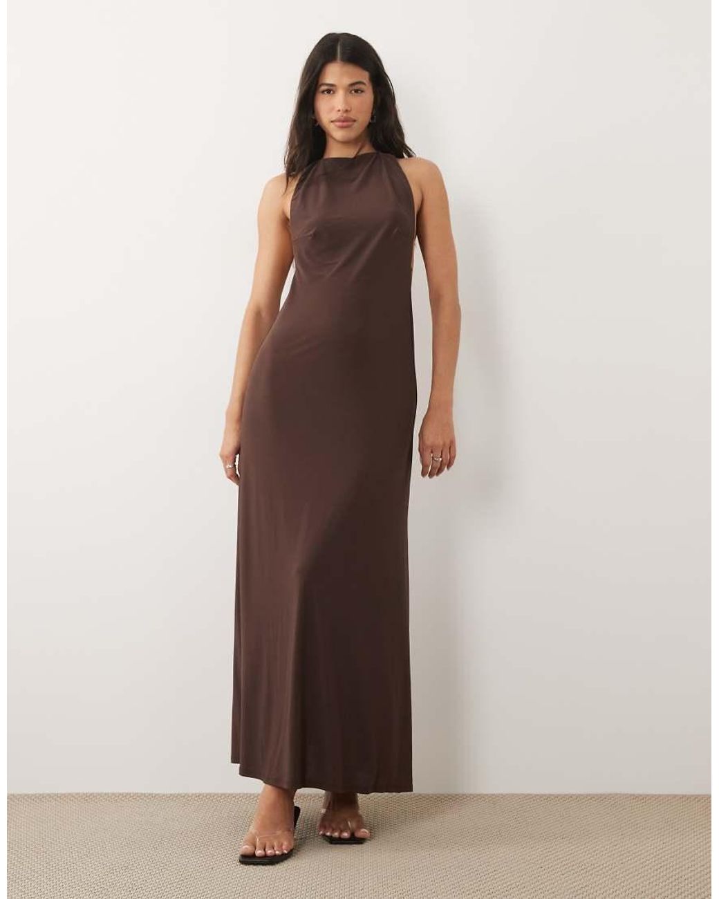 ASOS Brown Sculpting High Neck Maxi Dress With Open Back And Trim Detail