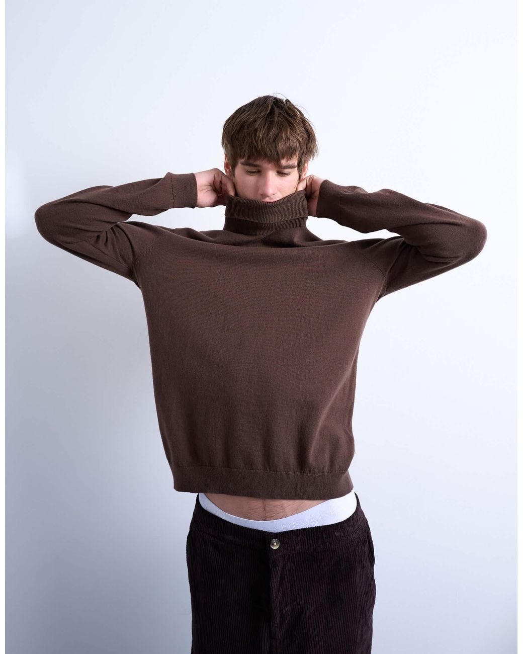 Topman Brown Essential Knitted Roll Neck for men