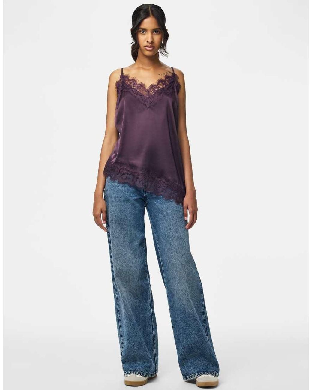 Pieces Purple Nomi Satin Long Line Fit V-neck Sleeveless Top