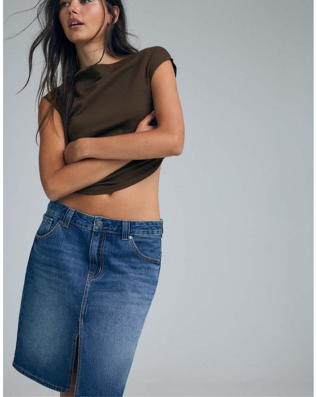 Stradivarius Blue Denim Midi Skirt