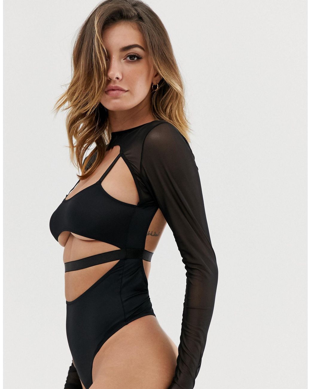 ASOS Louanna Long Sleeve Mesh Cut Out Strappy Bodysuit in Black