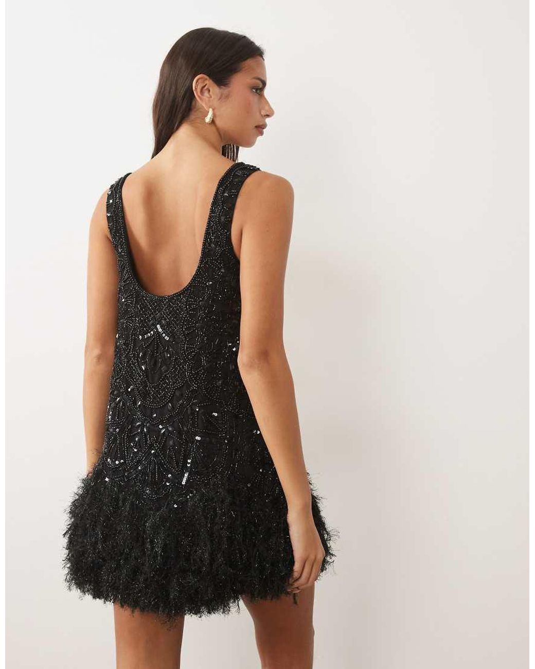 ASOS Black Embellished Scoop Neck Mini Dress With Faux Feather Hem