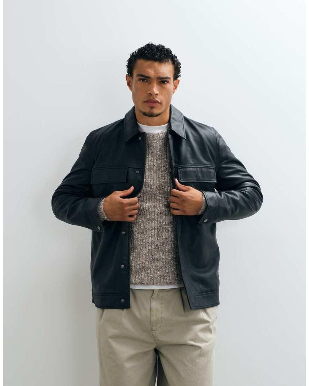 ASOS Black Real Leather Harrington Jacket for men