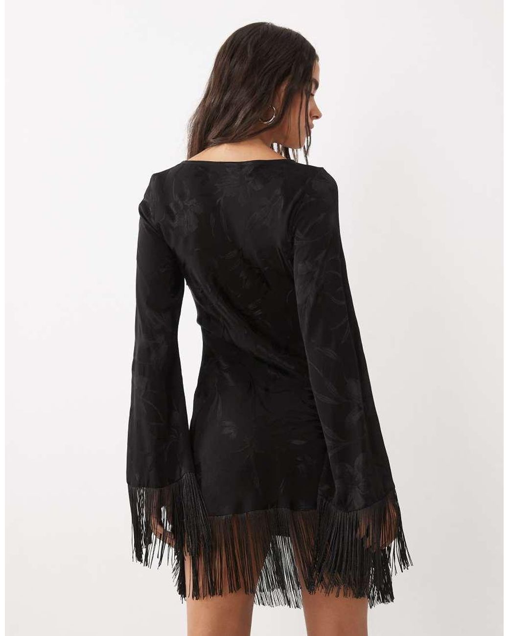 ASOS Black Jacquard Slash Neck Fringed Mini Dress