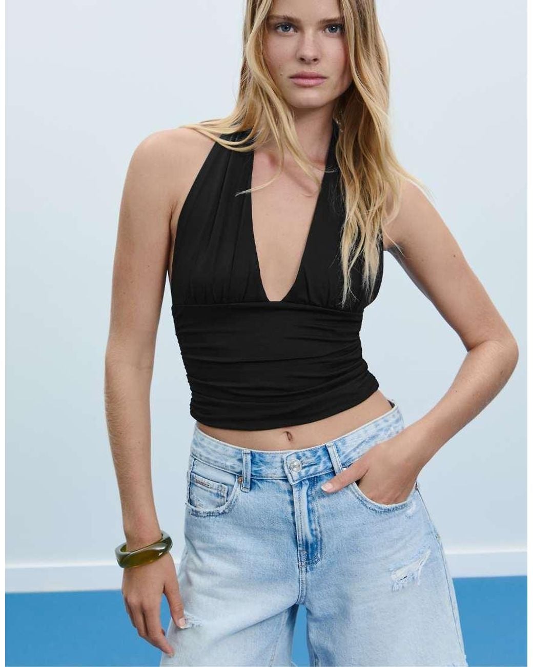 Stradivarius Blue Gathered Halter Top