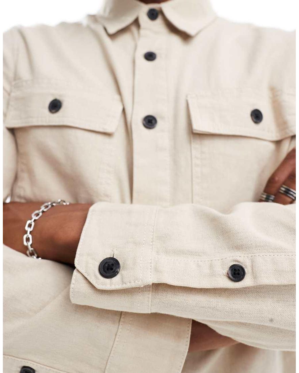 Threadbare White Long Sleeve Linen Slub Shirt With Utlity Pockets for men