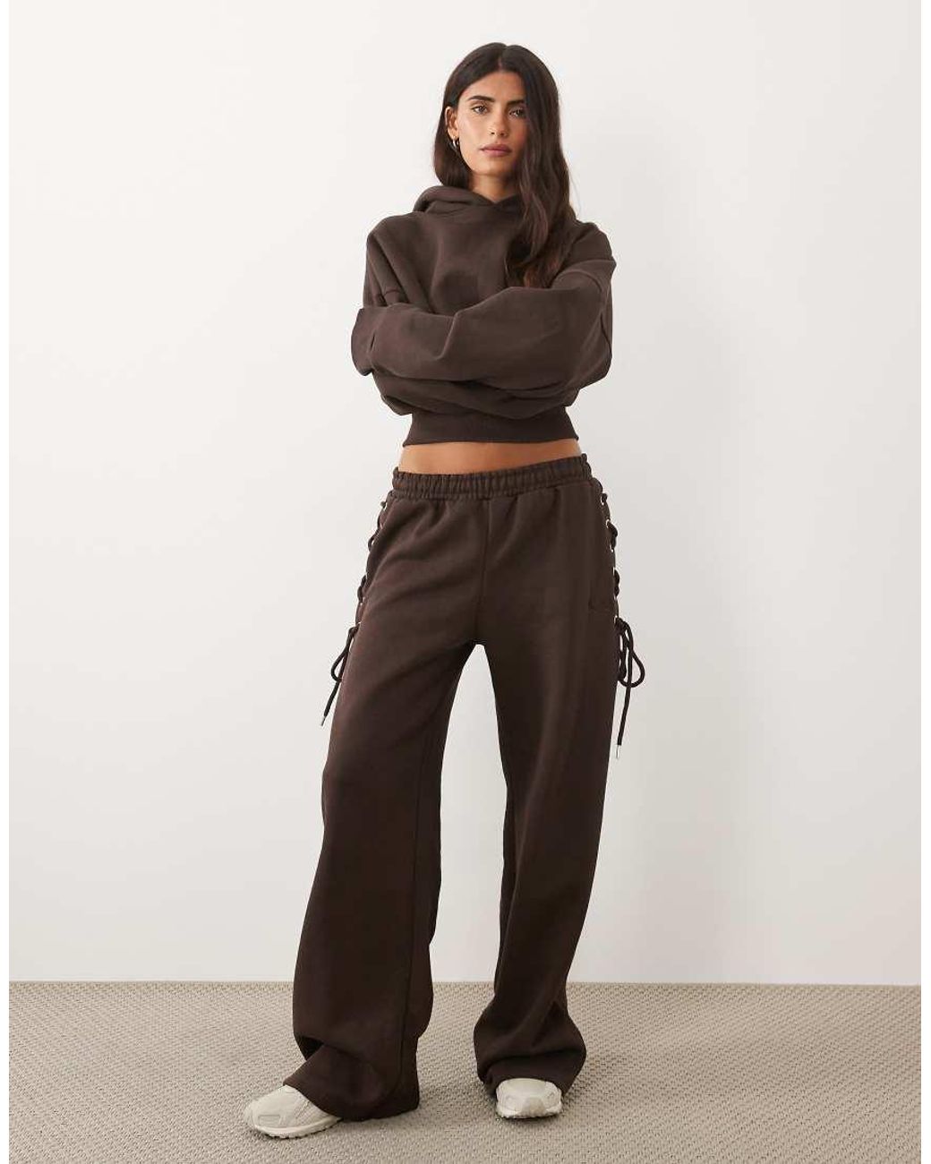 Kaiia Brown Cotton Rich Lace Up Side Detail Wide Leg joggers Co-ord