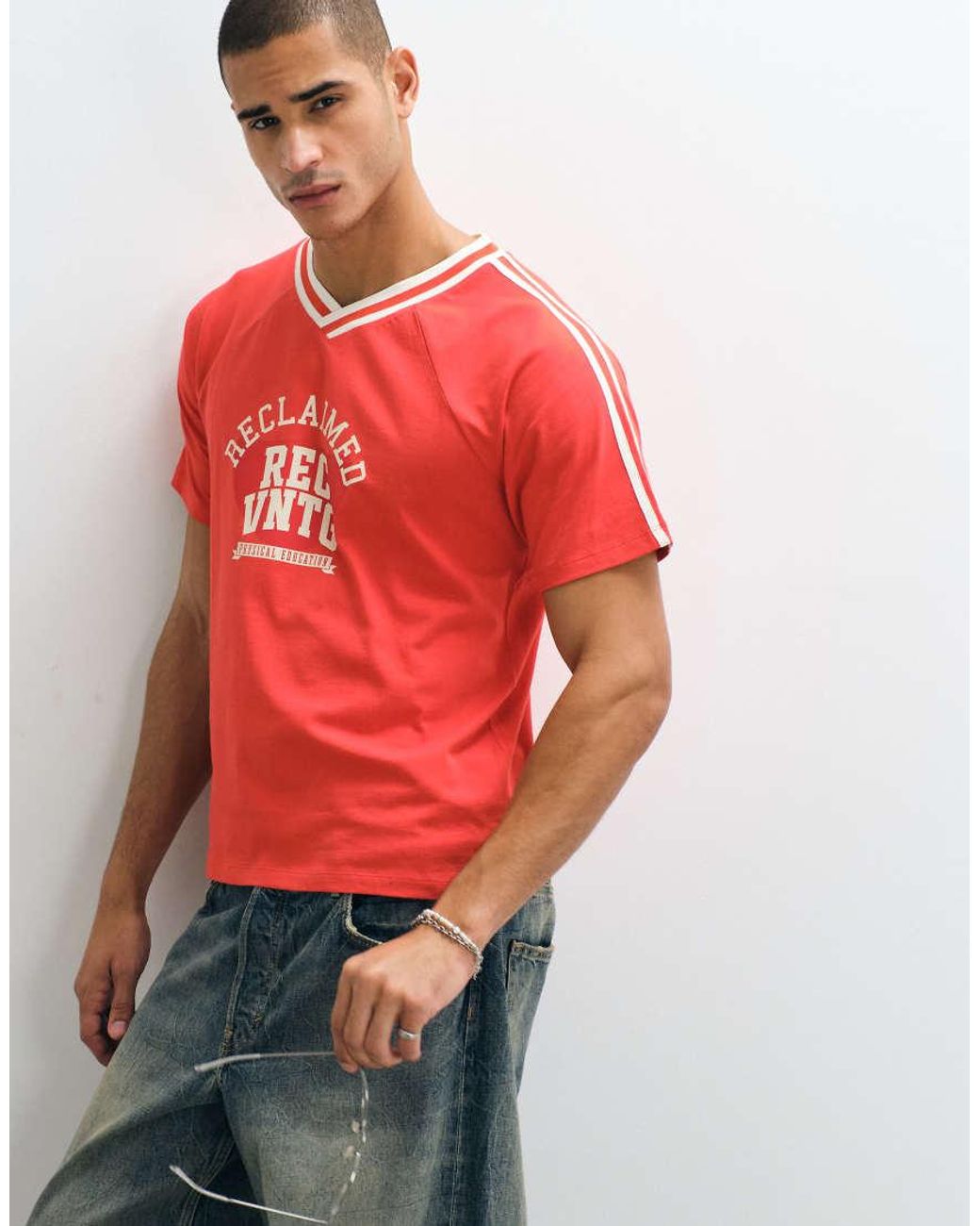 Reclaimed Vintage Red V Neck Collegiate Graphic T-shirt for men