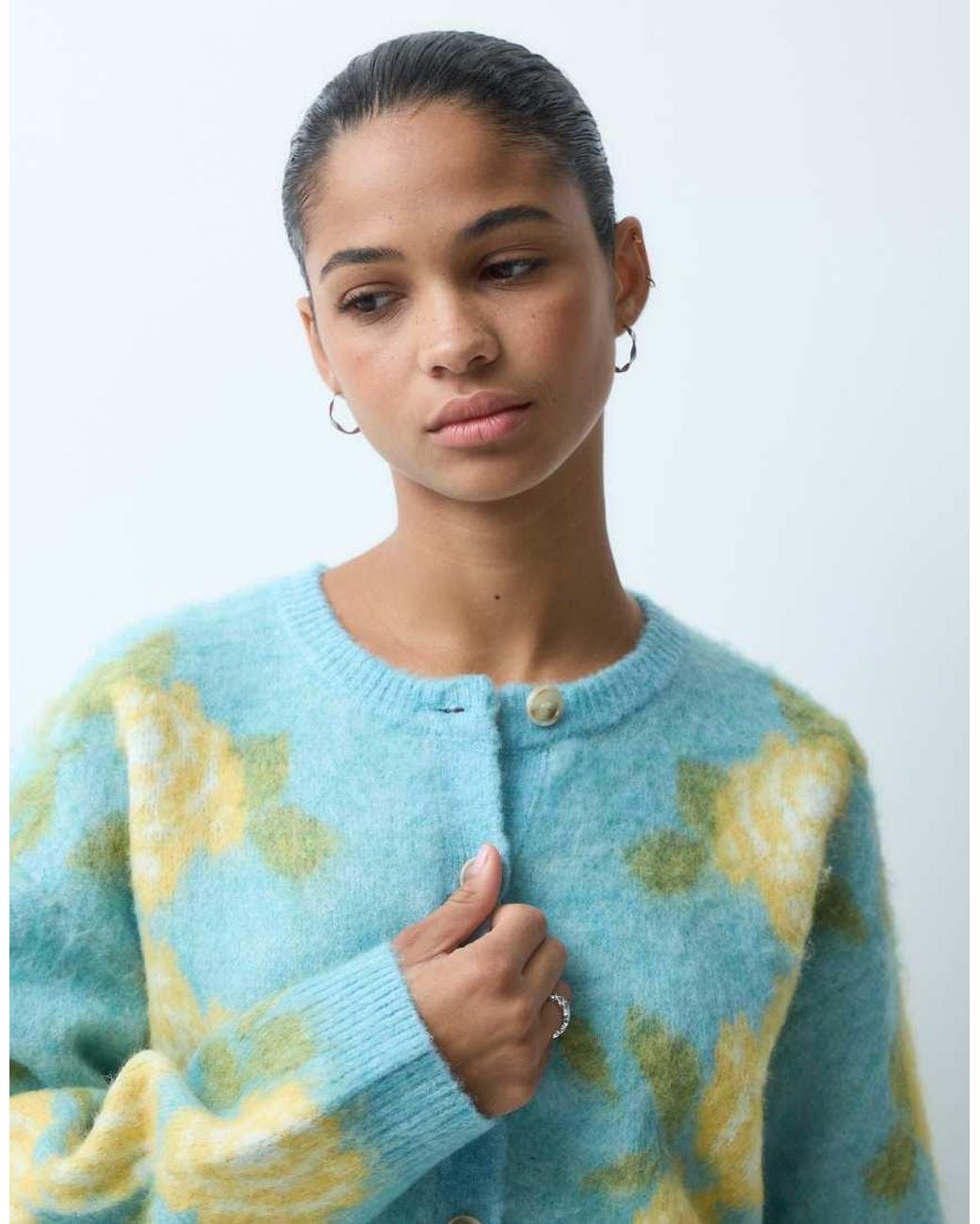 Miss Selfridge Blue Brushed Floral Crew Neck Cardigan