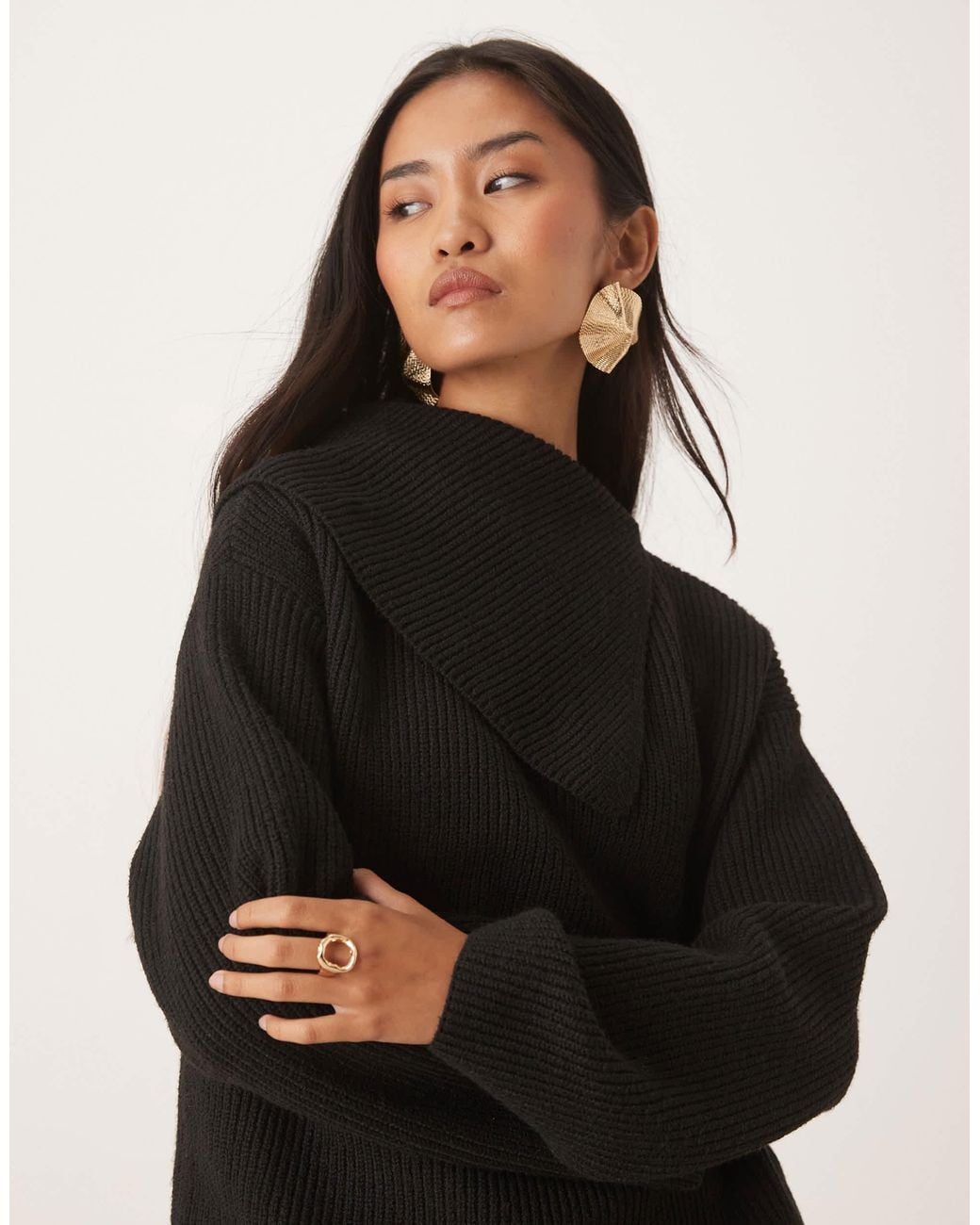 Pretty Lavish Black Split Collar Oversized Knit Jumper