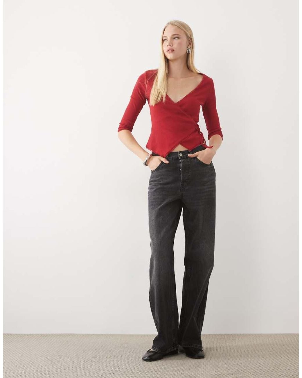 Miss Selfridge Red 3/4 Sleeve Wrap Top