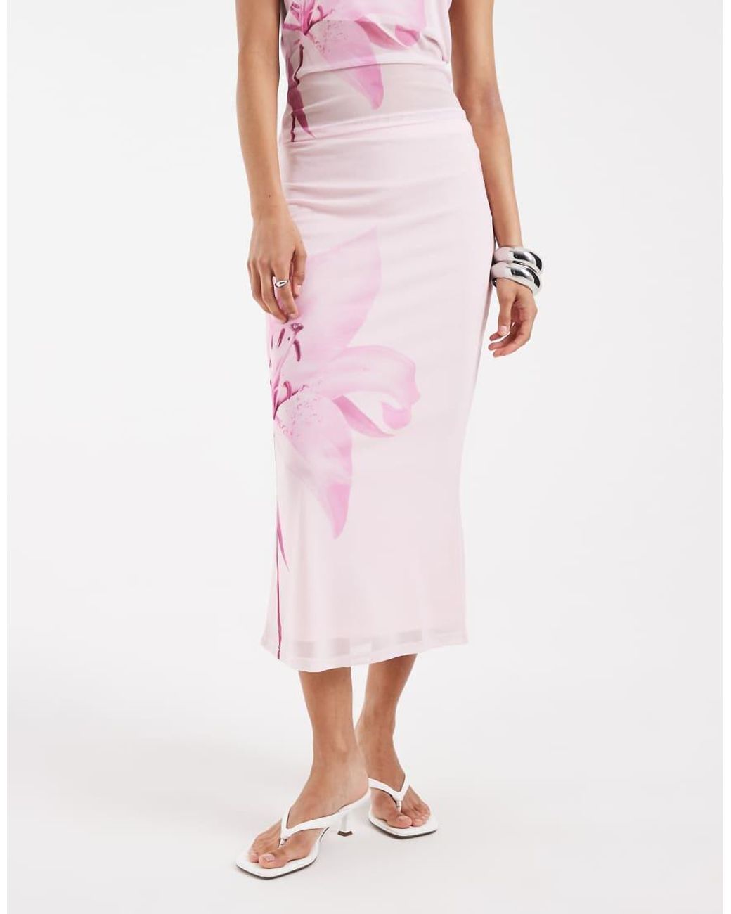 Pieces Pink Overblown Placement Floral Print Mesh Midi Skirt