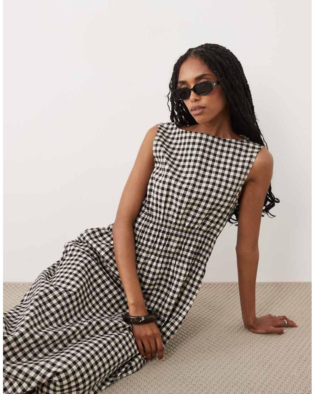 ARKET Brown Cotton Rich Seersucker Cinched Waist Midi Dress