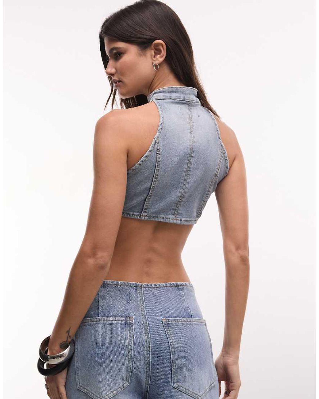 Liquor N Poker Blue Contrast Stitch Buckle Detail Halterneck Top Co-Ord
