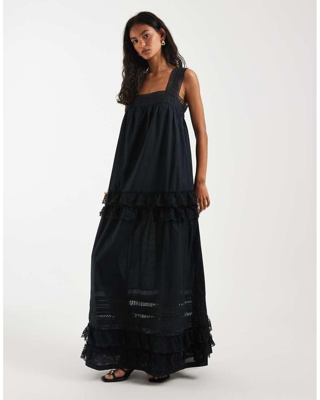 Object Black Premium Lace And Ruffle Trim Tiered Boho Maxi Dress