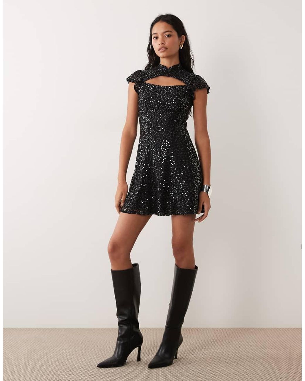 New Look Black Sequin Lace Keyhole Mini Dress