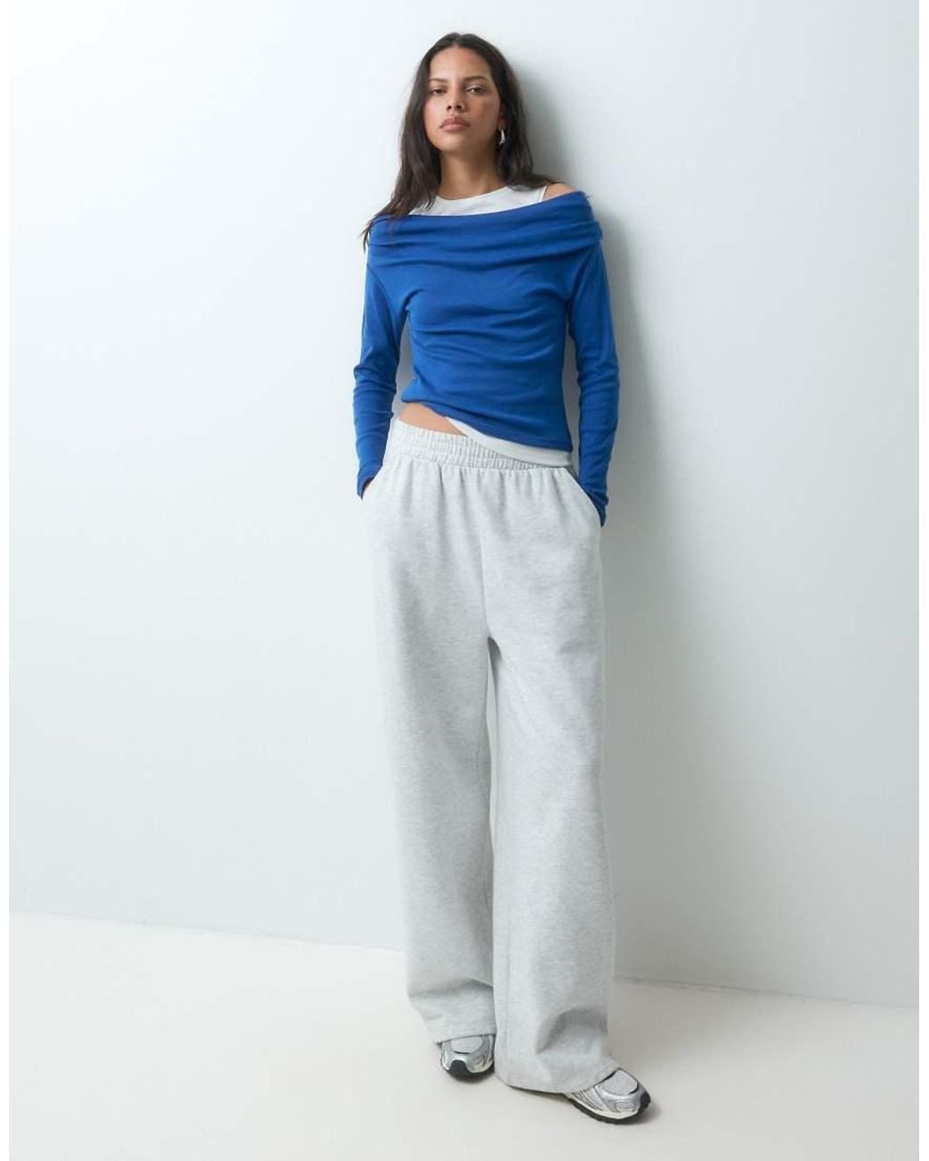 JJXX Blue Off Shoulder Double Layer Knit Top