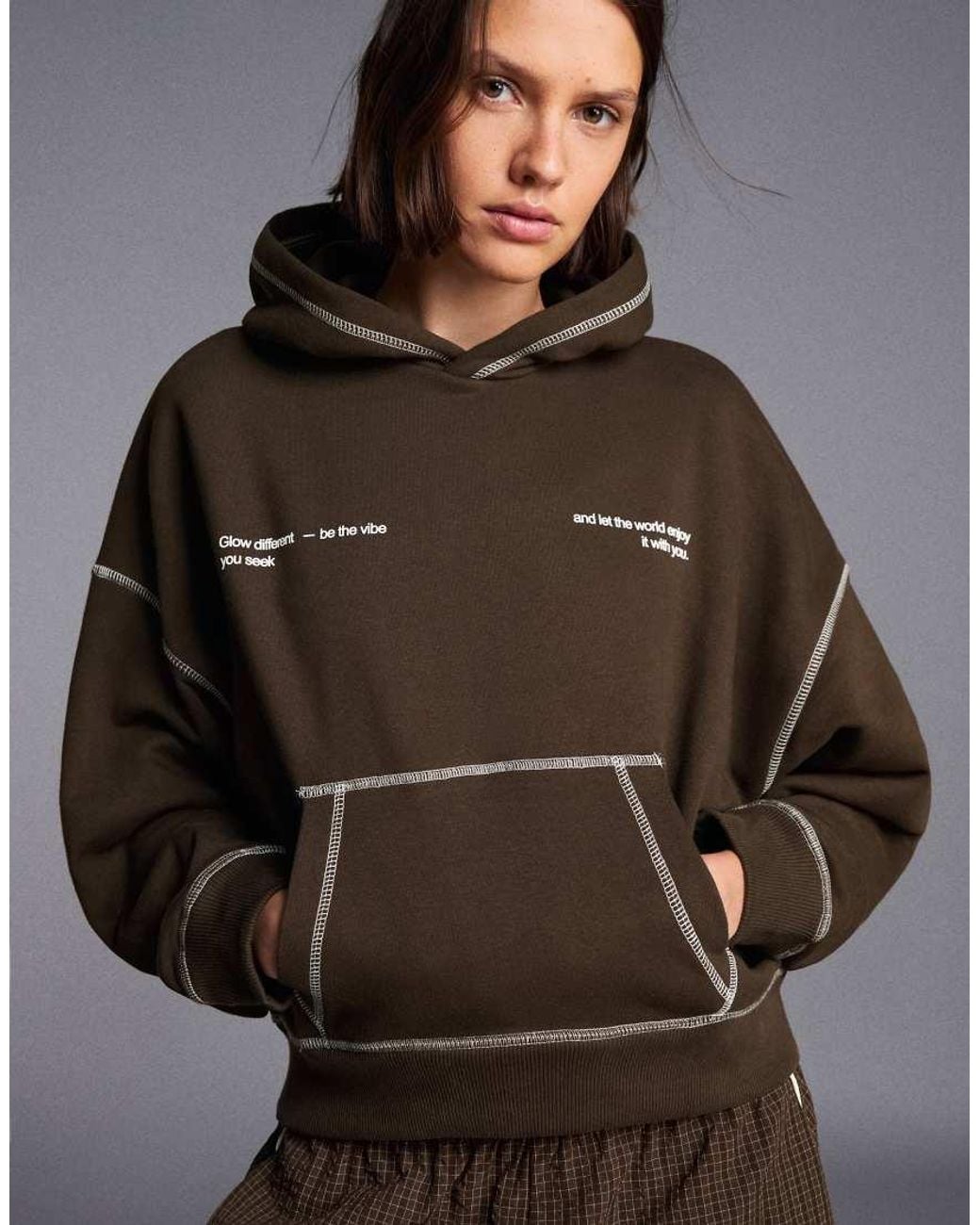 Bershka Brown Hooded Print Sweatshirt