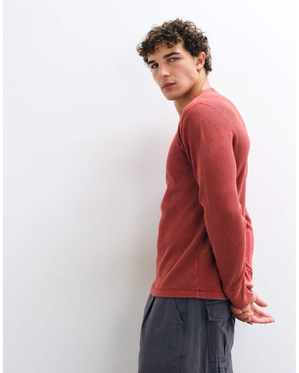 Hollister Red Waffle Long Sleeve Crew Neck Top for men