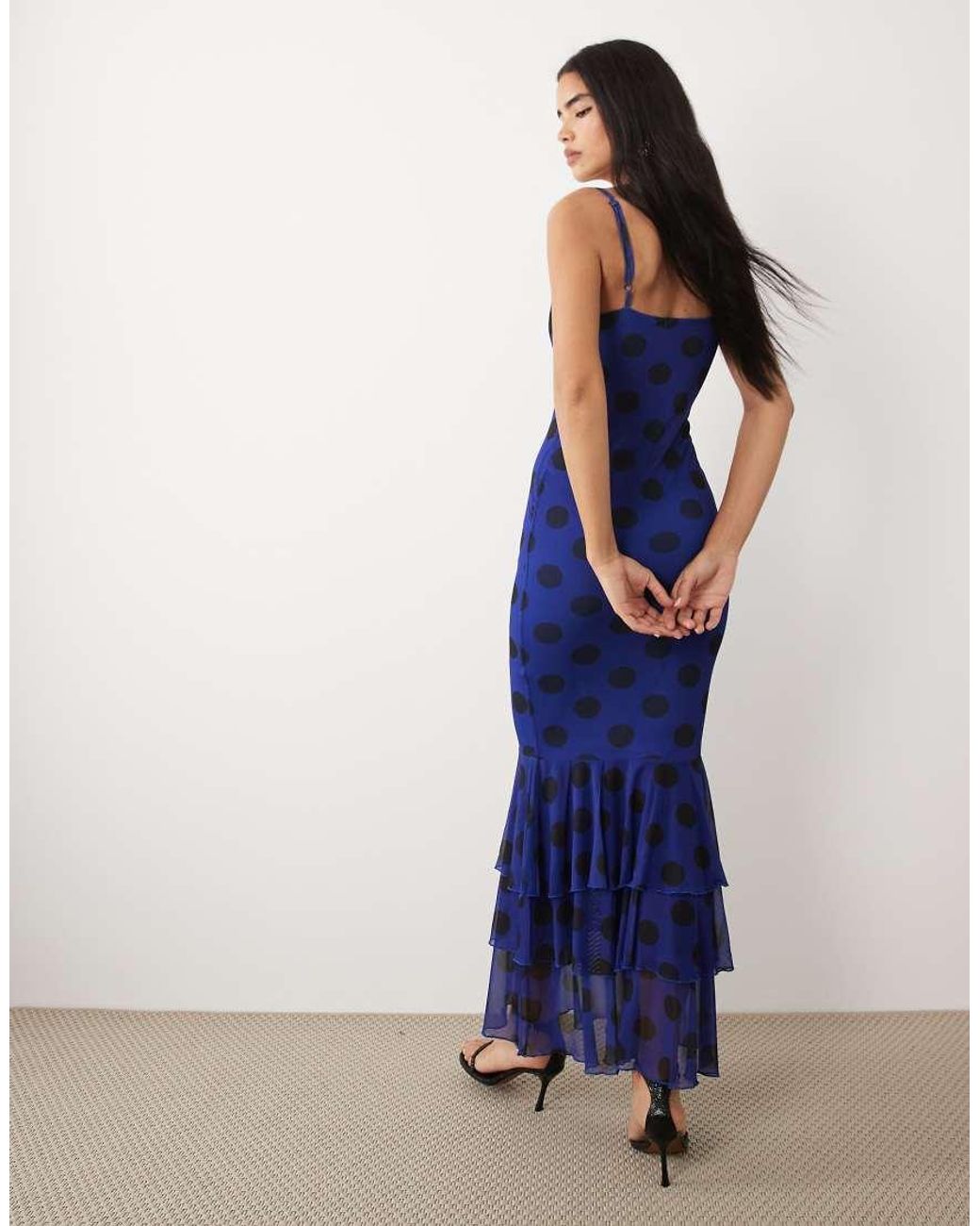Kaiia Blue Exclusive Slinky Mesh Strappy Tiered Ruffle Hem Maxi Dress