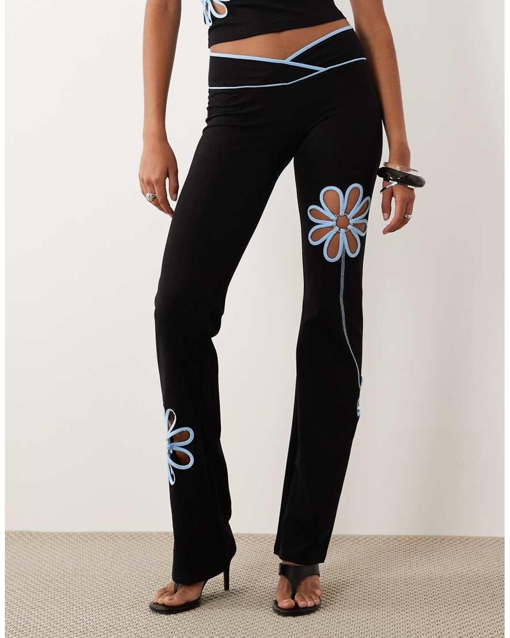 I.AM.GIA Black Daisy Cotton Blend Contrast Floral Cutout Flared Trousers Co-ord