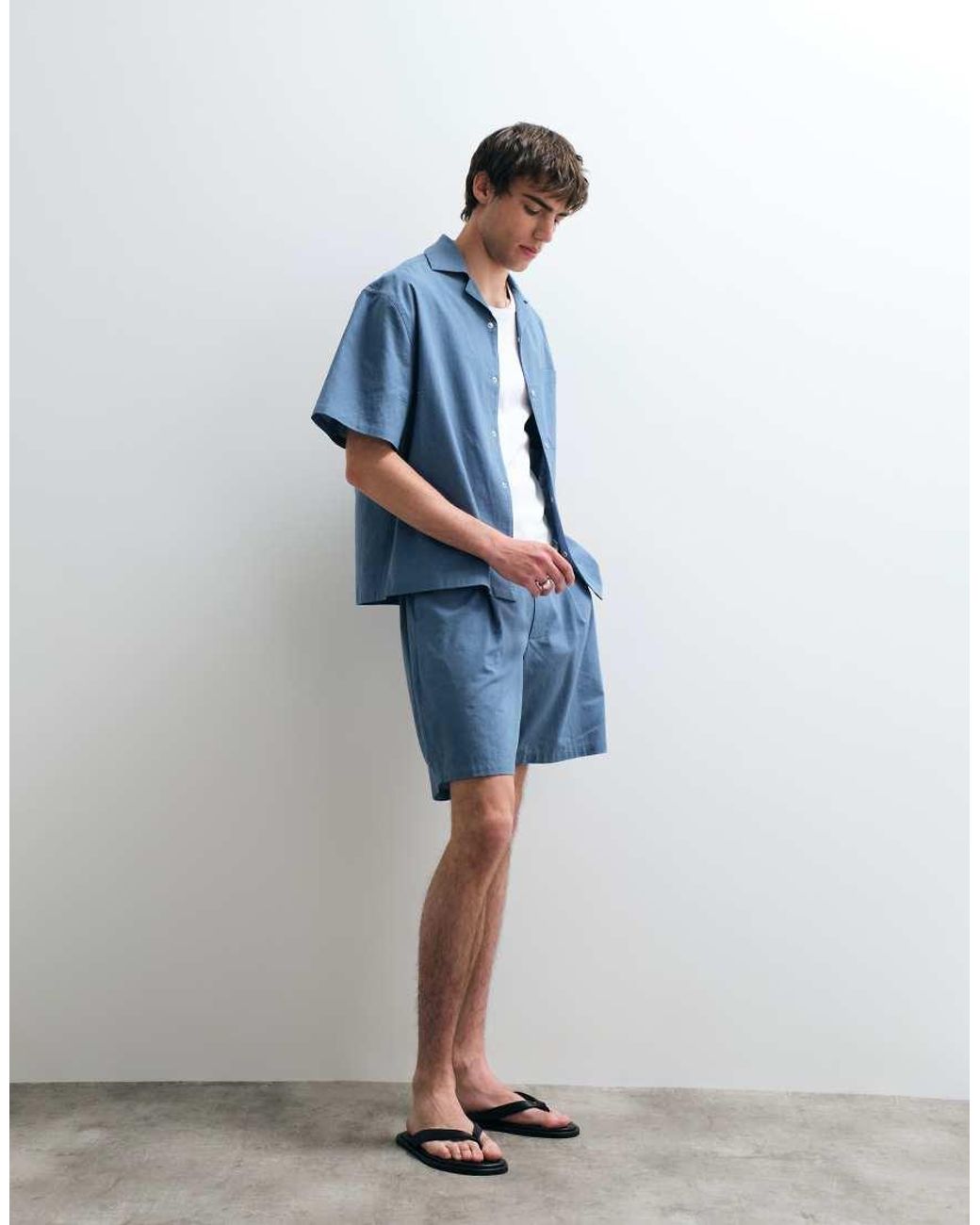 ASOS COLLECTIVE Blue Relaxed Cotton Shirt With Linen for men