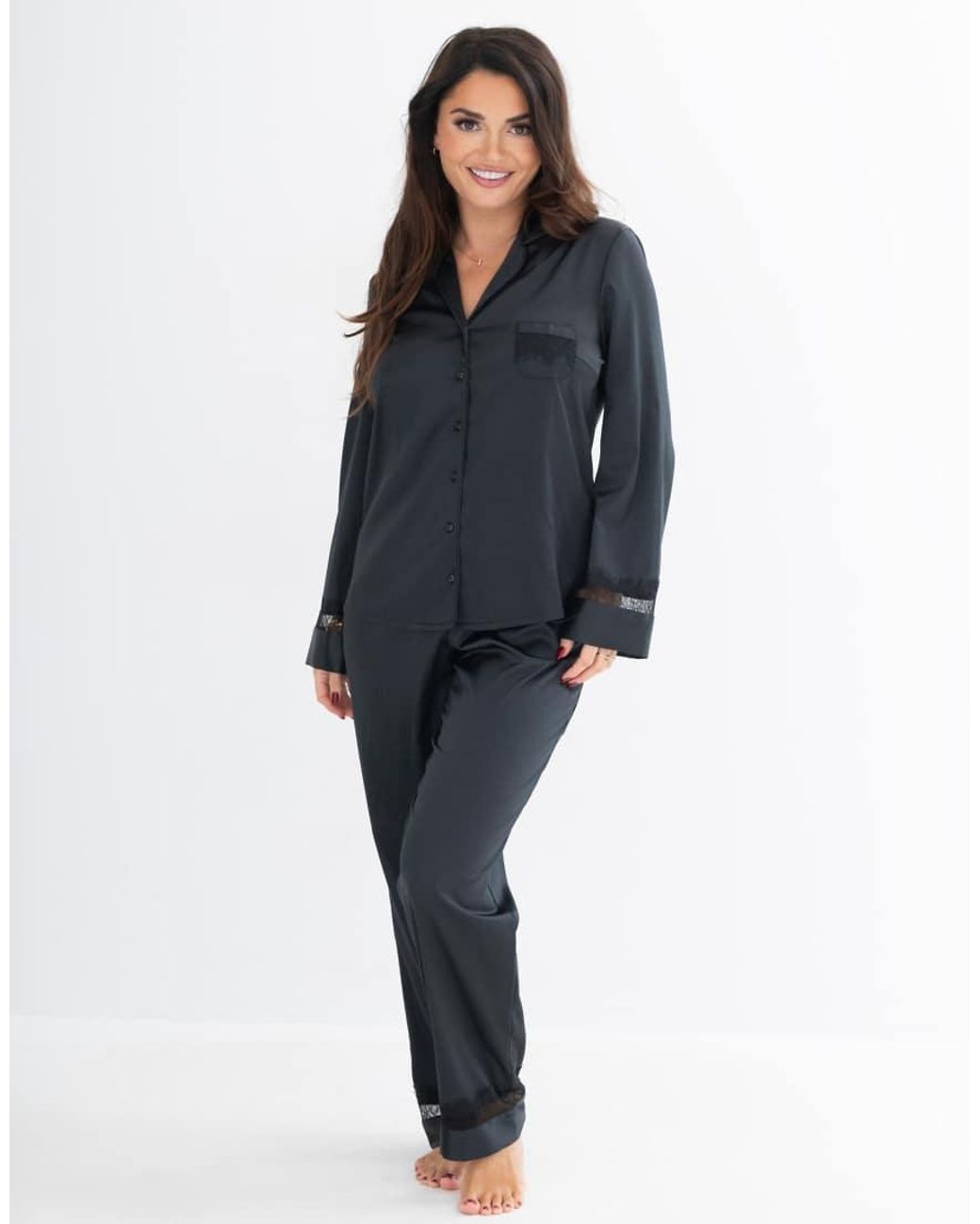 Pour Moi Blue Dusk Satin And Lace Revere Collar Pyjama Set