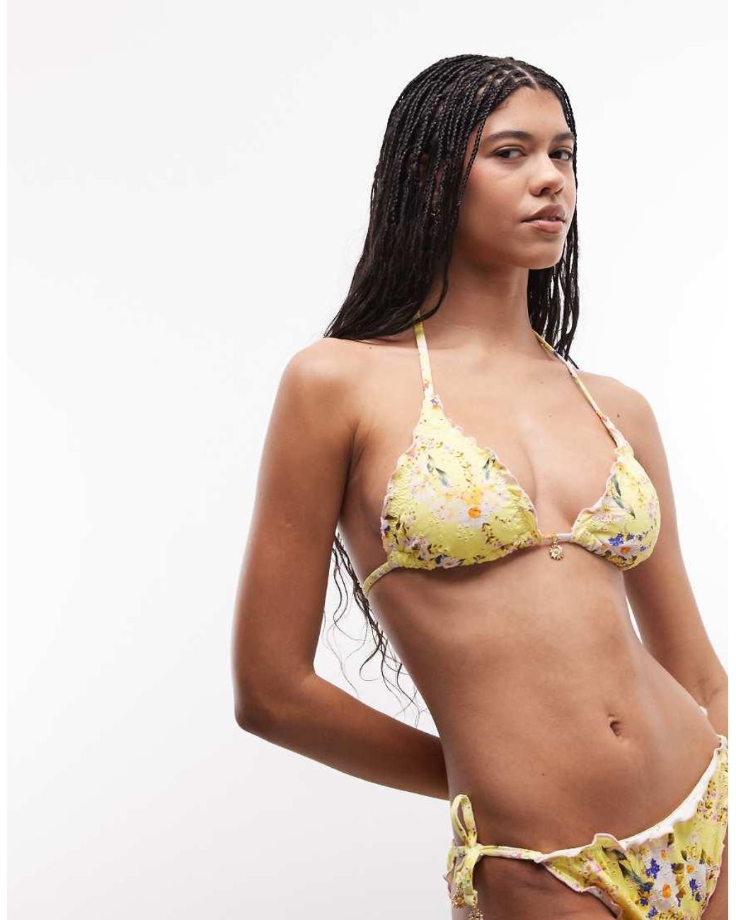 River Island Yellow Daisy Print Broderie Bikini Top
