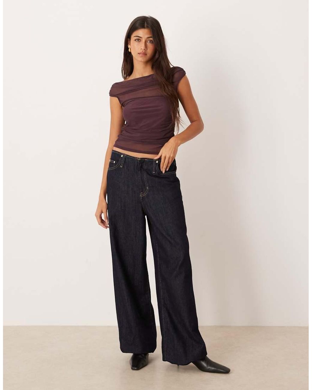 ASOS Purple Gathe Short Sleeve Off Shoulder Mesh Top