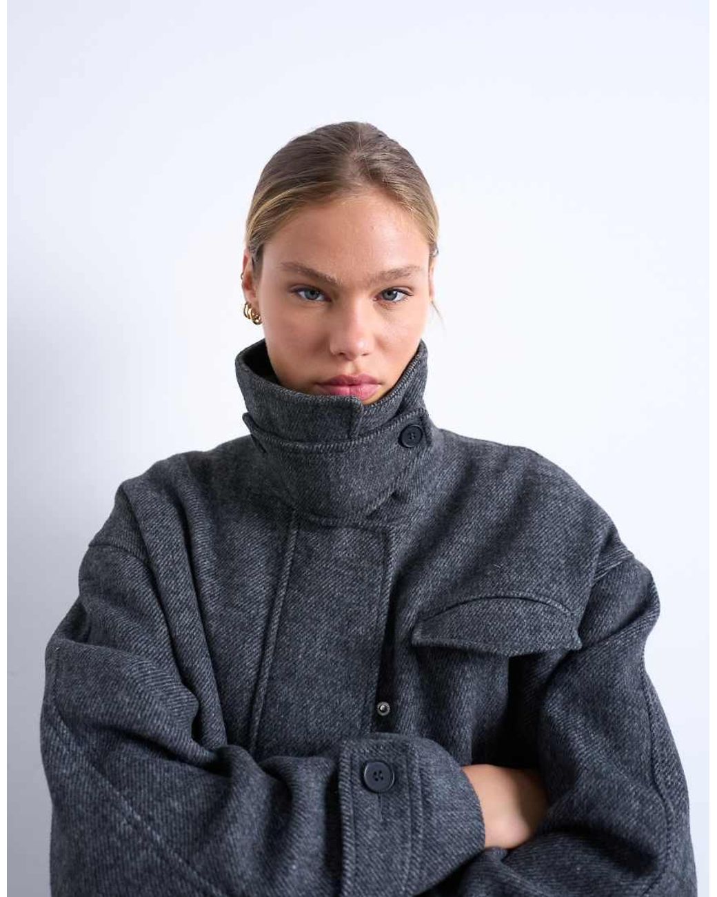 TOPSHOP Blue Wool Blend Bomber Jacket With Tab Detail