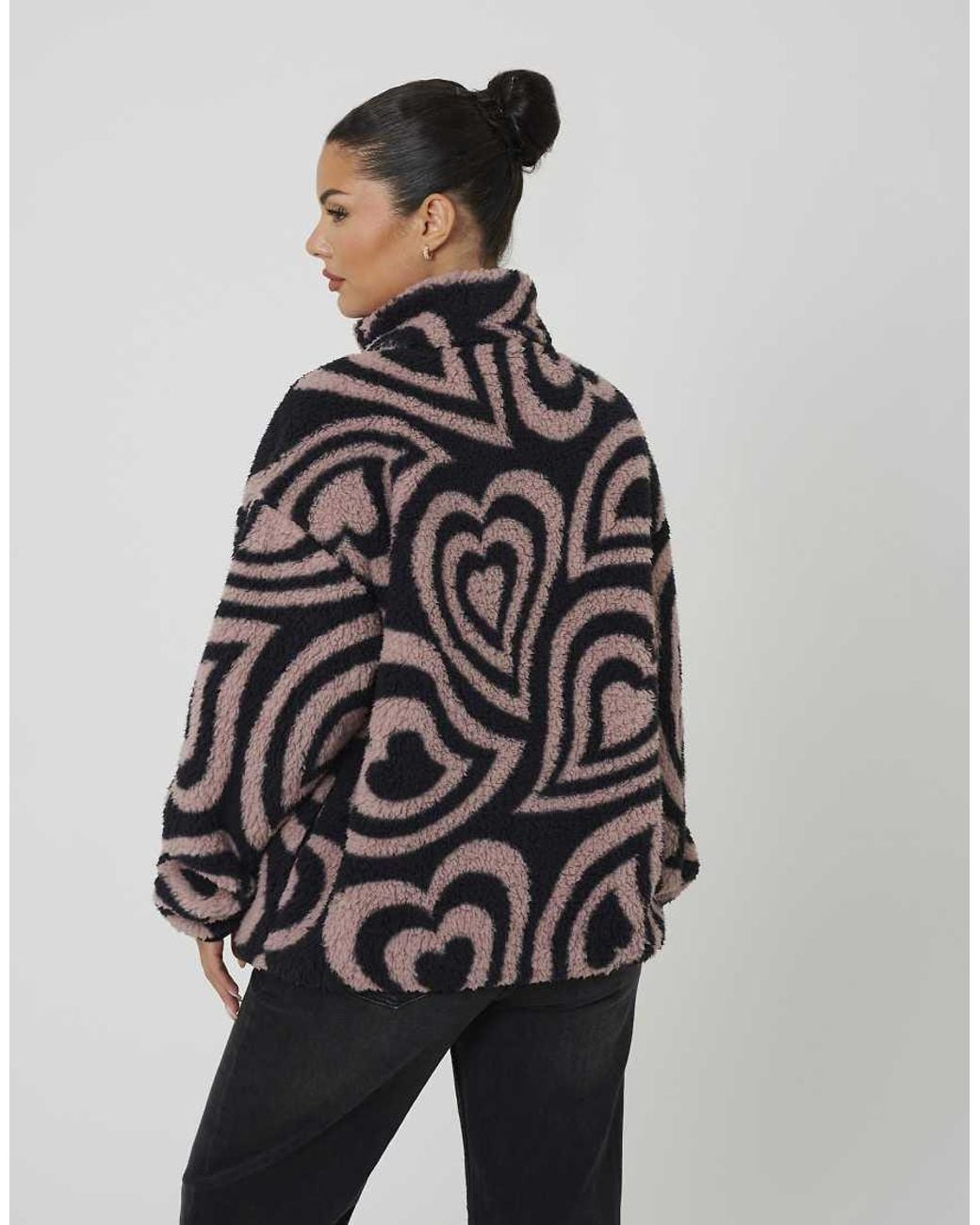 Brave Soul Black Sherpa Fleece Heart Print Sweatshirt