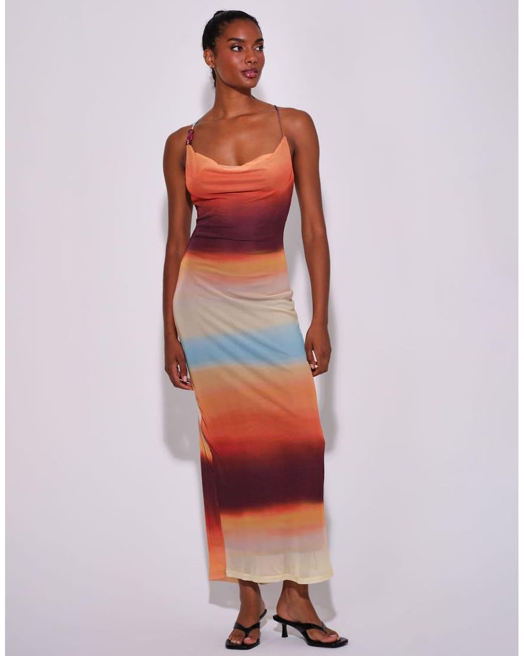 South Beach Red Ombre Mesh Cowl Neck Maxi Dress