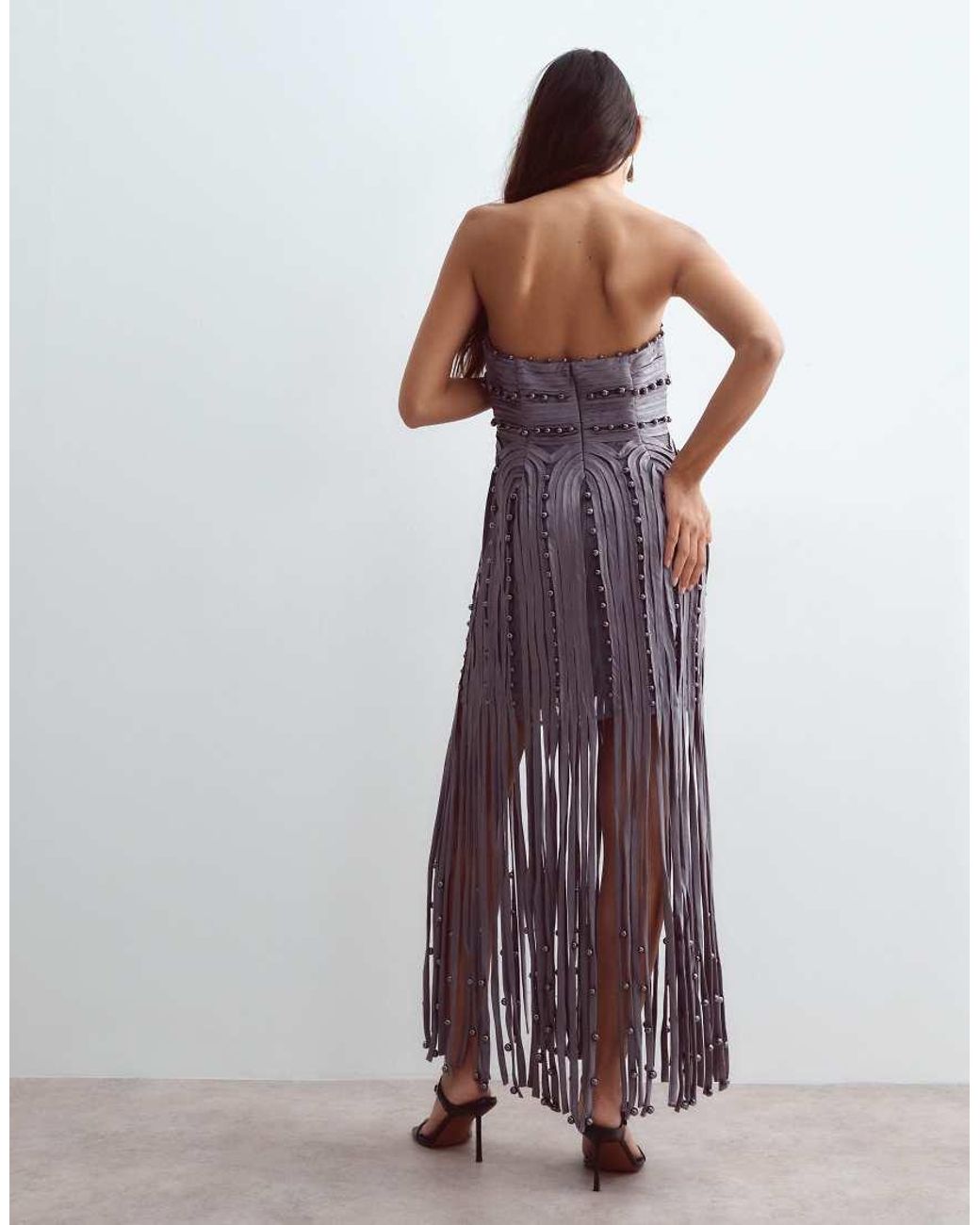ARRANGE Purple Beaded Linear Fringe Hem Bandeau Midi Dress