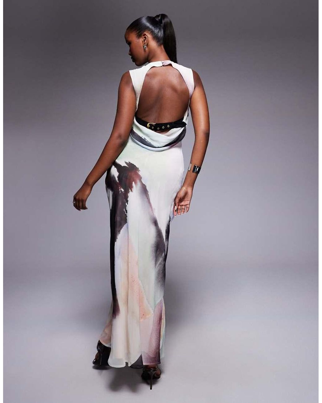 ASOS Multicolor High Neck Draped Column Maxi Dress With Low Cowl Back And Belt Strap Detail