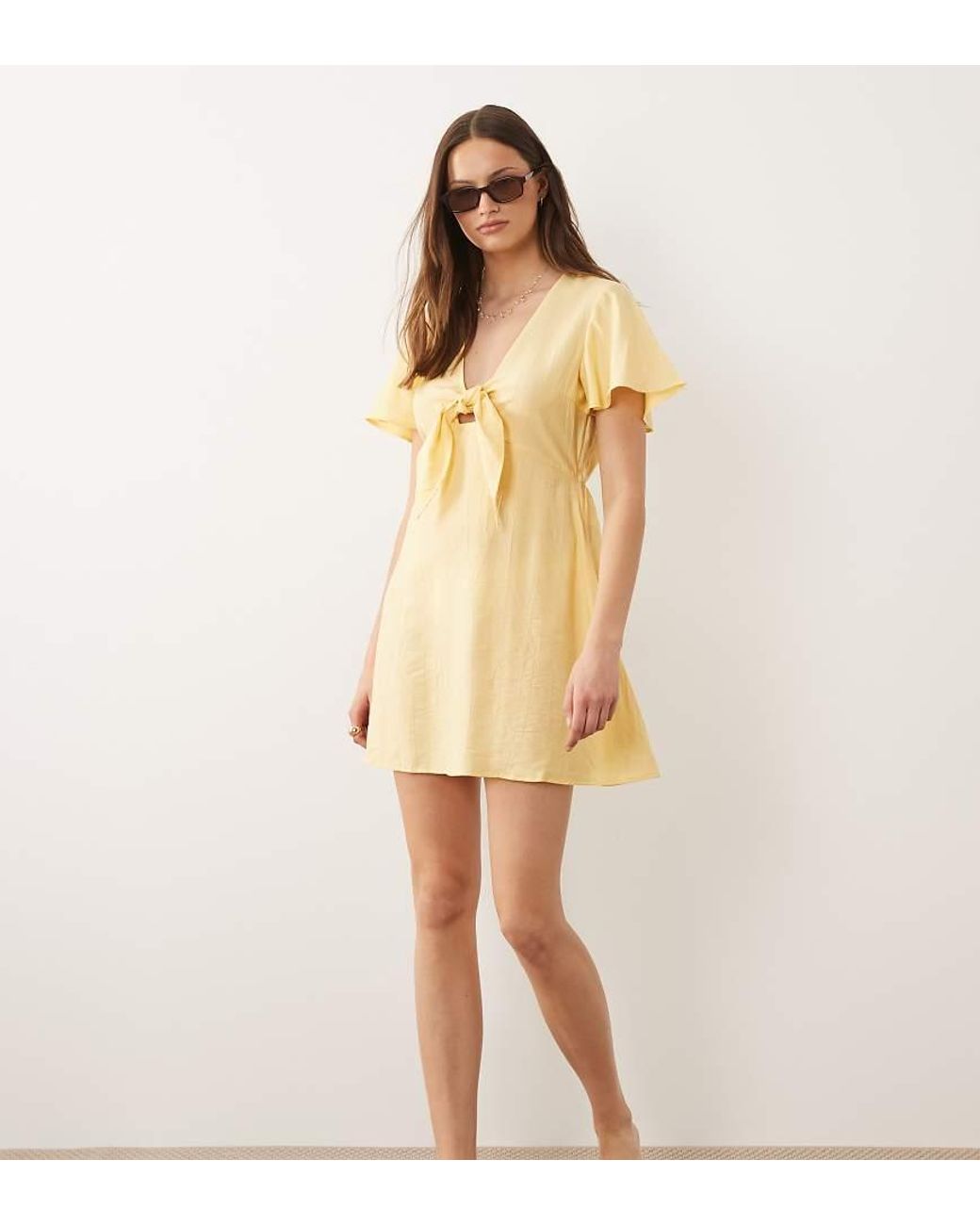 Vero Moda Natural Crinkle Textured Woven Tie Front Mini Dress