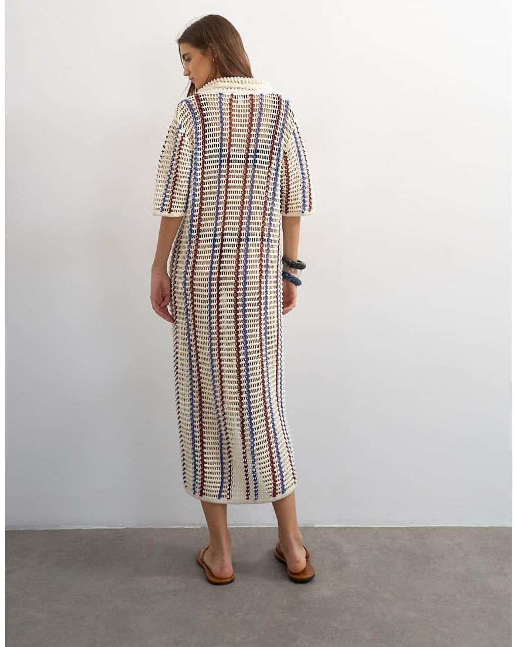TOPSHOP White Knit Polo Striped Open Stitch Midi Dress