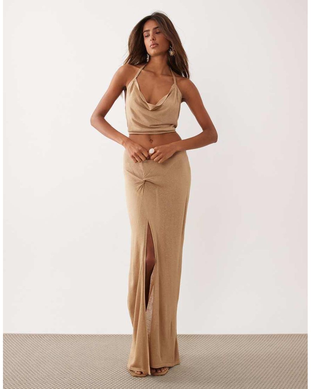 Miss Selfridge Natural Glitter Knit Twist Detail Maxi Skirt