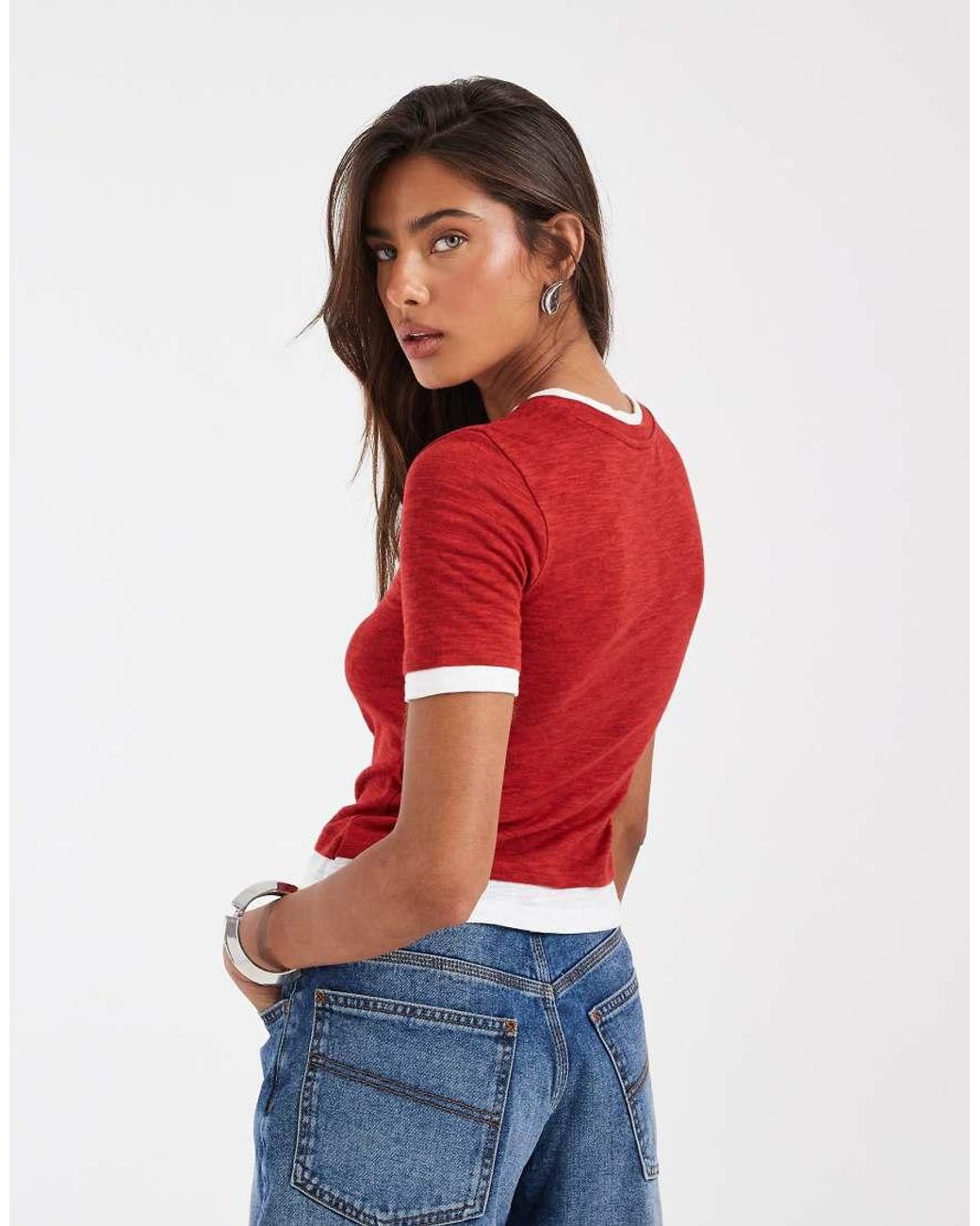 ASOS Red Slubby Shrunken Tee With Mock Double Layer
