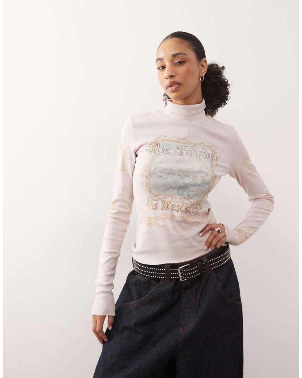 Monki Natural Graphic Print Turtleneck Long Sleeve Top