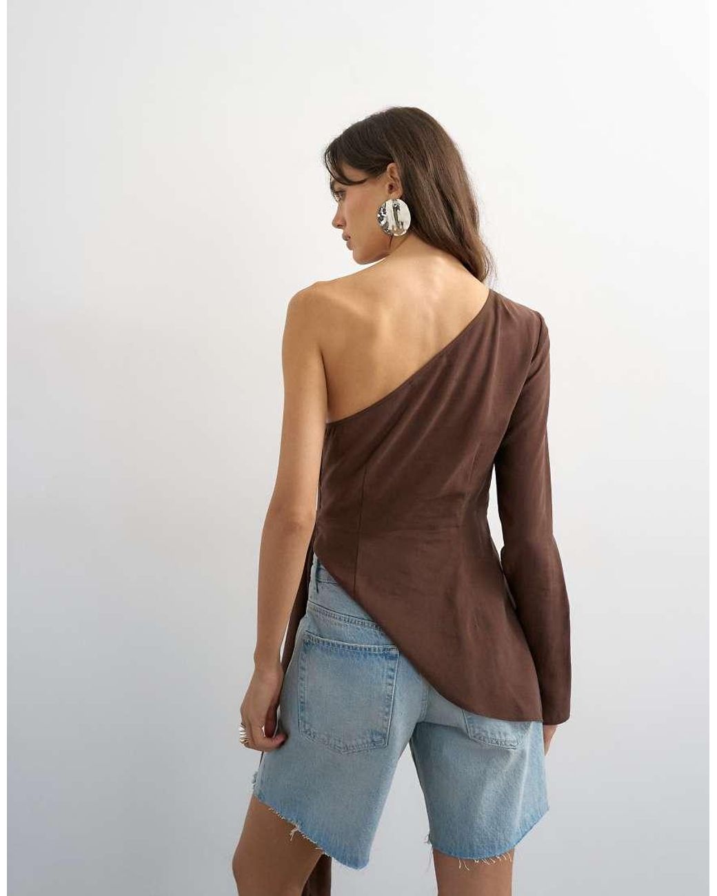 TOPSHOP Brown One Shoulder Cinch Side Draped Top