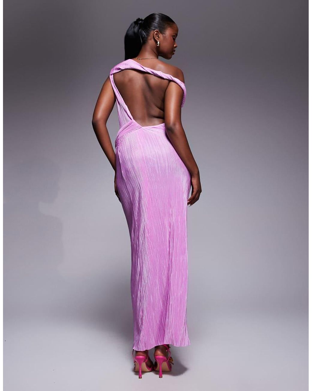 ASOS Purple Twist Fallen Shoulder With Ruching Drape Detail Plisse Maxi Dress