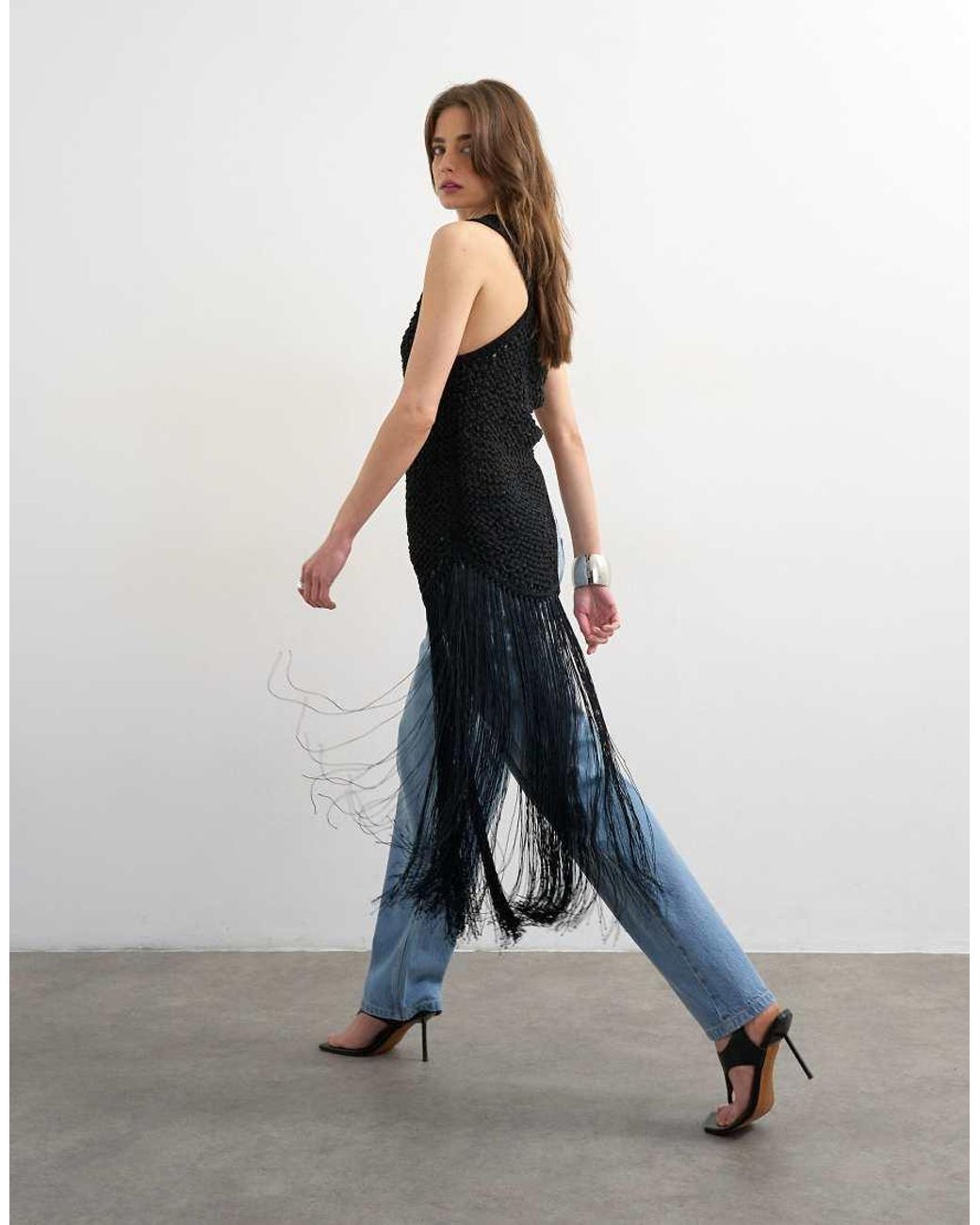 TOPSHOP Blue Knit One Shoulder Tassel Trim Top