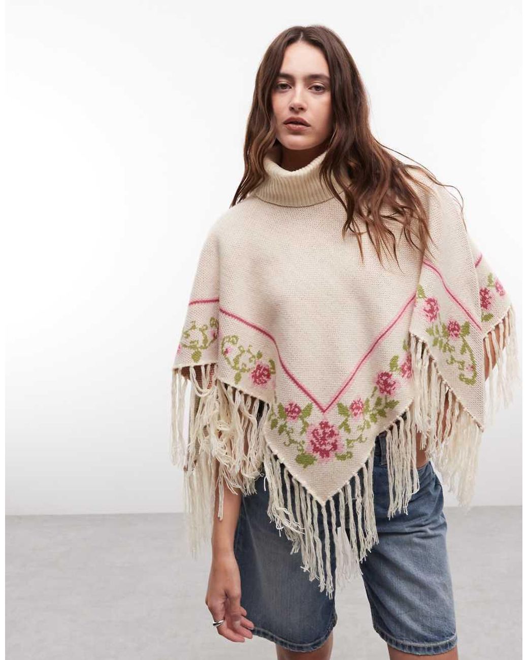 Daisy Street Multicolor Boho Poncho With Flower Graphic