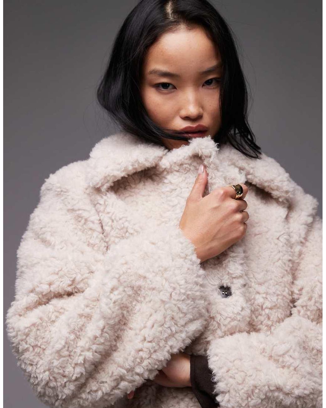& Other Stories Gray Wool Rich Midi Length Faux Fur Jacket